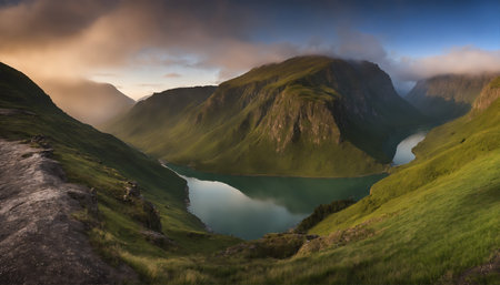 Panorama of mountain lake at sunset.の素材