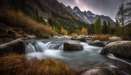 Autumn landscape with mountain river and rocks in the foreground.の素材