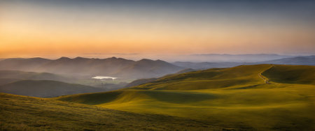Panoramic view of the grassy hills in the morning.の素材