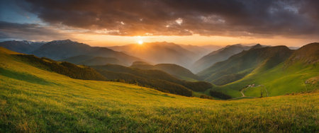 Sunset in the mountains. Beautiful panoramic landscape.の素材