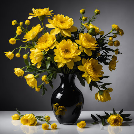 Bouquet of yellow buttercups in a black vaseの素材