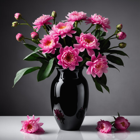Bouquet of pink peonies in a black vase on a gray backgroundの素材