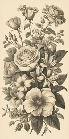 Vintage illustration of a bouquet of roses and pansies.の素材