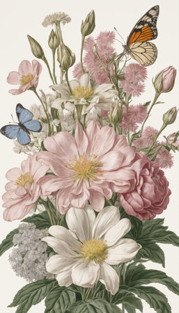 Flower bouquet with butterfly. Floral background in pastel colors, vintage design.の素材