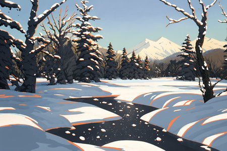 Winter landscape with snow-covered forest and road. Vector illustration.の素材