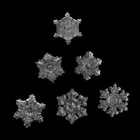 Six snowflakes isolated on black background. Macro photo of real snow crystals: small stellar...