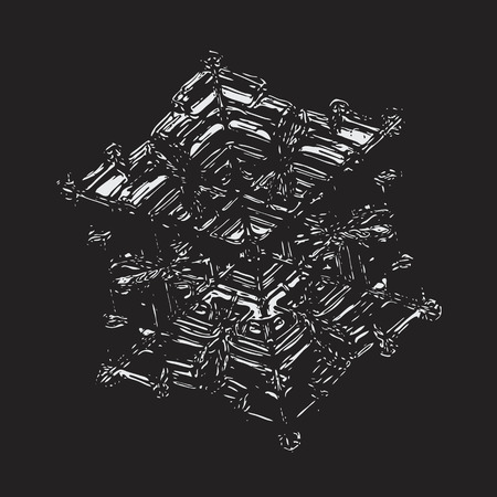 White snowflake on black background. This vector illustration based on macro photo of real snow crystal: small star plate with six short, broad arms, glossy surface and complex inner structure.のイラスト素材