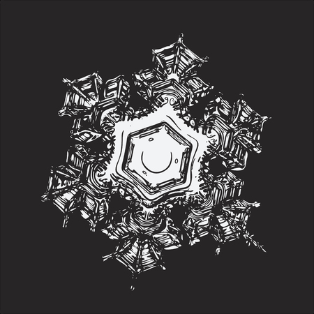 Snowflake on black background. This vector illustration based on macro photo of real snow crystal: beautiful star plate with fine hexagonal symmetry, six short, broad arms and glossy relief surface.のイラスト素材
