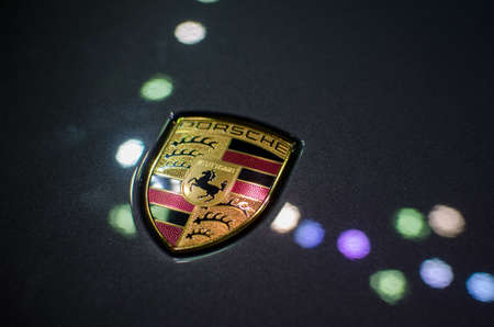 NONTHABURI, THAILAND - DECEMBER 12, 2015 : Porsche Sign Close Up.Porsche in Motor Expo 2015 on...