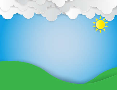 The hill with green grass and trees ,blue sky with sun and cloud,paper art and craft style.のイラスト素材
