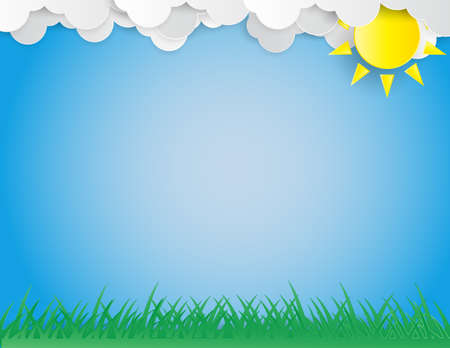 The hill with green grass and trees ,blue sky with sun and cloud,paper art and craft style.のイラスト素材