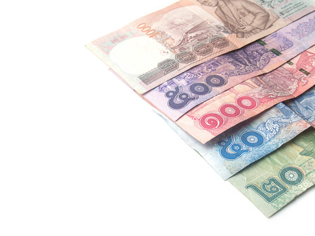 variety of thai baht on white background,bill 1,000 500 100 50 10 and coin 10 5 2 1 thai baht
