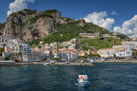 View to Amalfi bay with a boat, Amalfi coast, Campania, Italyの写真素材