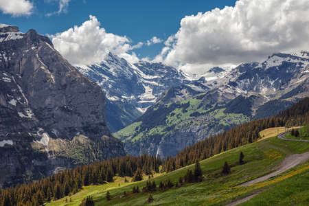 Alpine meadows and wooden rural farmhouses, mountains in background, Switzerland,Europeの写真素材