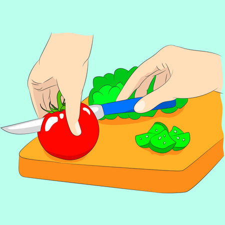 Vector illustration flat design. Cutting vegetables on the board.のイラスト素材