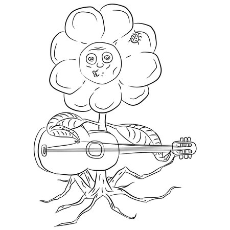 Vector illustration flat design. Doodle flower with a guitar.のイラスト素材