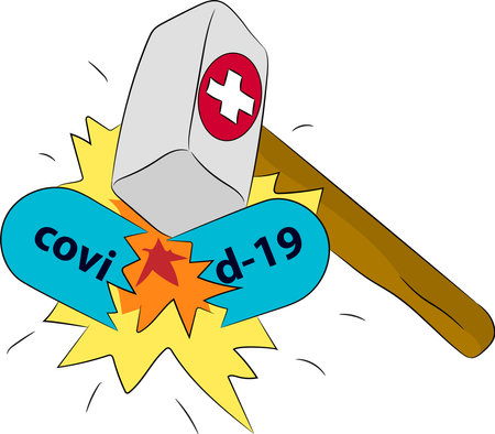 Flat vector illustration. The medical hammer hits the virus.のイラスト素材