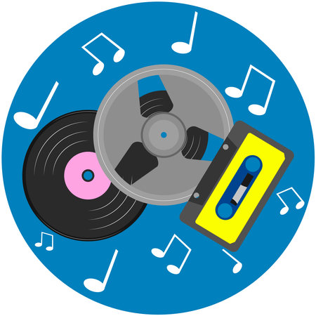 Vector graphics, retro set of audio storage media with notes. Flat design.のイラスト素材