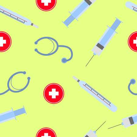 Seamless background, syringe, thermometer, medical cross and phonendoscope. Vector illustration flat design.のイラスト素材