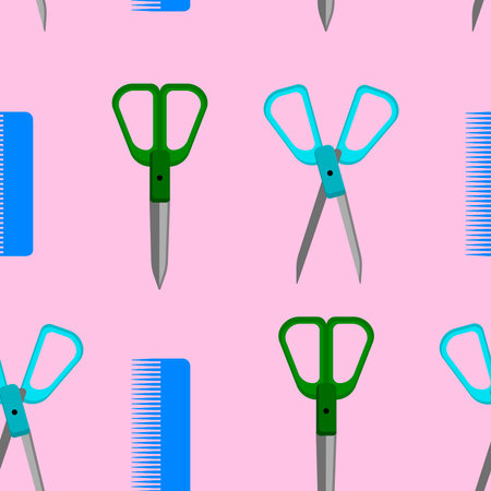 Seamless background, scissors and comb. Vector illustration flat design.のイラスト素材