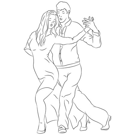 Vector illustration flat design. Dancers, guy and girl, black and white, doodle.のイラスト素材