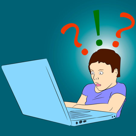Vector illustration flat design. Astonished boy looking at a laptop. Color.のイラスト素材