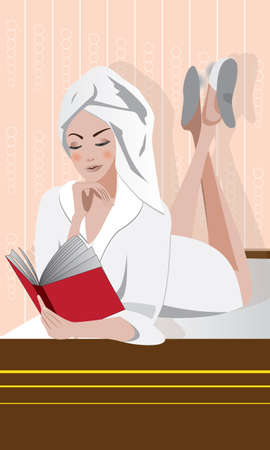 the girl in a bathing towel reads the bookのイラスト素材
