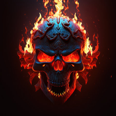 Skull in fire. Illustration on dark background. Graphic concept for your designの素材