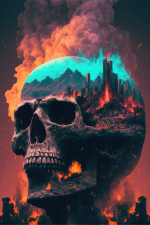 Skull and city on a background of smoke and fire. 3d illustrationの素材