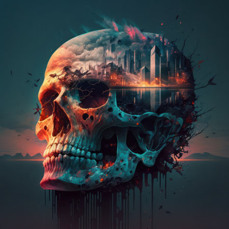 Skull in fire with city on the background, 3d illustrationの素材