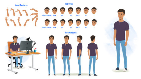 Set of man character design. Character Model sheet. Front, side, back view animated character. Man character creation set with various views, poses and gestures. Cartoon style, flaのイラスト素材