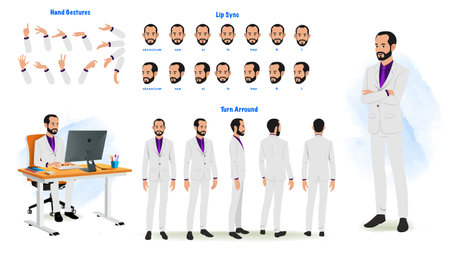 Set of Business man character design. Character Model sheet. Front, side, back view animated character. Business man character creation set with various views, poses and gestures.のイラスト素材