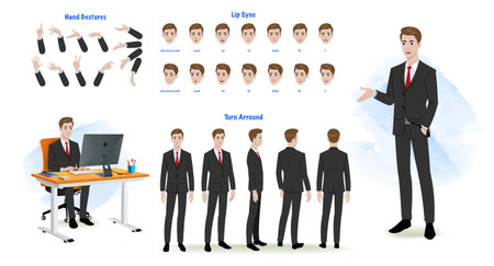 Set of Business man character design. Character Model sheet. Front, side, back view animated character. Business man character creation set with various views, poses and gestures.のイラスト素材
