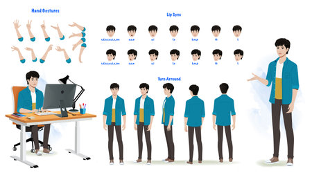 Set of man character design. Character Model sheet. Front, side, back view animated character. Man character creation set with various views, poses and gestures. Cartoon style, flaのイラスト素材