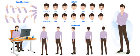 Set of man character design. Character Model sheet. Front, side, back view animated character. Man character creation set with various views, poses and gestures. Cartoon style, flaのイラスト素材