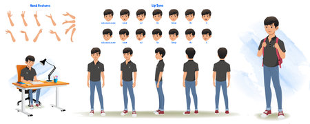 Set of school boy character design. Character Model sheet. Front, side, back view animated character. Student character creation set with various views, poses and gestures. Cartoonのイラスト素材