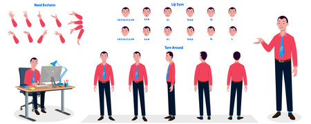 Set of Businessman character design. Character Model sheet. Front, side, back view animated character. Businessman character creation set with various views, poses and gestures.のイラスト素材