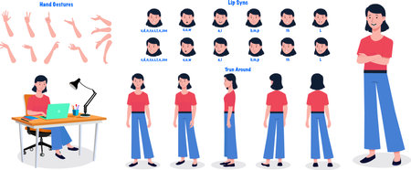 Set of woman character design. Character Model sheet. Front, side, back view animated character. Womanl character creation set with various views, poses and gestures. Cartoon stylのイラスト素材