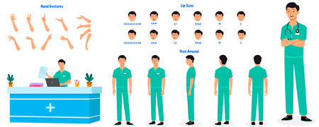 Set of male nurse character design. Character Model sheet. Front, side, back view animated character. Male nurse character creation set with various views, poses and gestures. Cartのイラスト素材