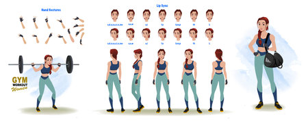 Set of woman workout character design. Character Model sheet. Front, side, back view animated character. Woman gym workout character creation set with various views, poses and gestのイラスト素材