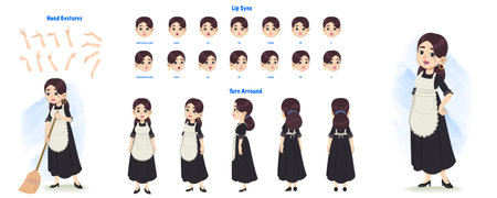 Set of cute girl character design. Character Model sheet. Front, side, back view animated character. Cute girl character creation set with various views, poses and gestures. Cartooのイラスト素材