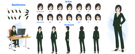 Set of Business woman character design. Character Model sheet. Front, side, back view animated character. Business girl character creation set with various views, poses and gestureのイラスト素材