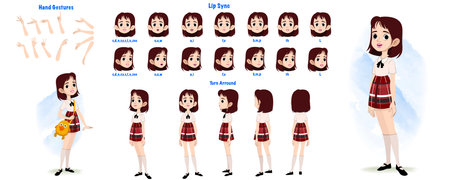 Set of little girl character design. Character Model sheet. Front, side, back view animated character. Little girl character creation set with various views, poses and gestures. Caのイラスト素材
