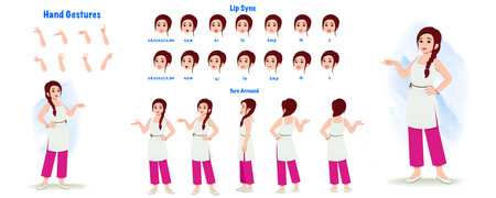 Set of woman character design. Character Model sheet. Front, side, back view animated character. Female character creation set with various views, poses and gestures. Cartoon styleのイラスト素材