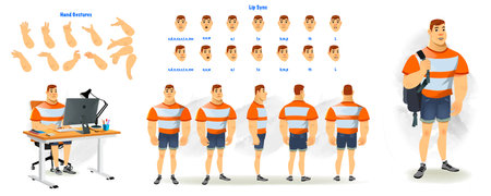 Set of man character design. Character Model sheet. Front, side, back view animated character. Man character creation set with various views, poses and gestures. Cartoon style, flaのイラスト素材