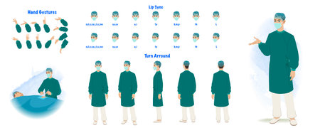 Set of surgeon character design. Character Model sheet. Front, side, back view animated character. Male surgeon character creation set with various views, poses and gestures.のイラスト素材
