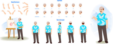 Set of painter character design. Character Model sheet. Front, side, back view animated character. Artist character creation set with various views, poses and gestures.のイラスト素材