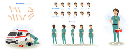 Set of paramedic character design. Character Model sheet. Front, side, back view animated character. Female paramedic character creation set with various views, poses and gestures.のイラスト素材