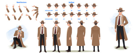 Set of male detective design. Character Model sheet. Front, side, back view animated character. Investigator character creation set with various views, poses and gestures.のイラスト素材