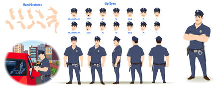 Set of police, cop design. Character Model sheet. Front, side, back view animated character. Policeman character creation set with various views, poses and gestures. Cartoon style,のイラスト素材